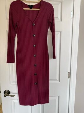 Iz Byer Ribbed Button-Front Long Sleeve Dress in Burgundy